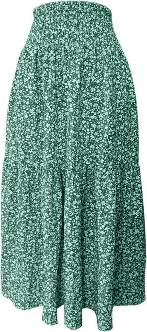 Long Flowy Skirts for Women Smocked High Waisted Floral Maxi Skirt with Pockets Boho Ruffle Tiered Beach A Line Skirt