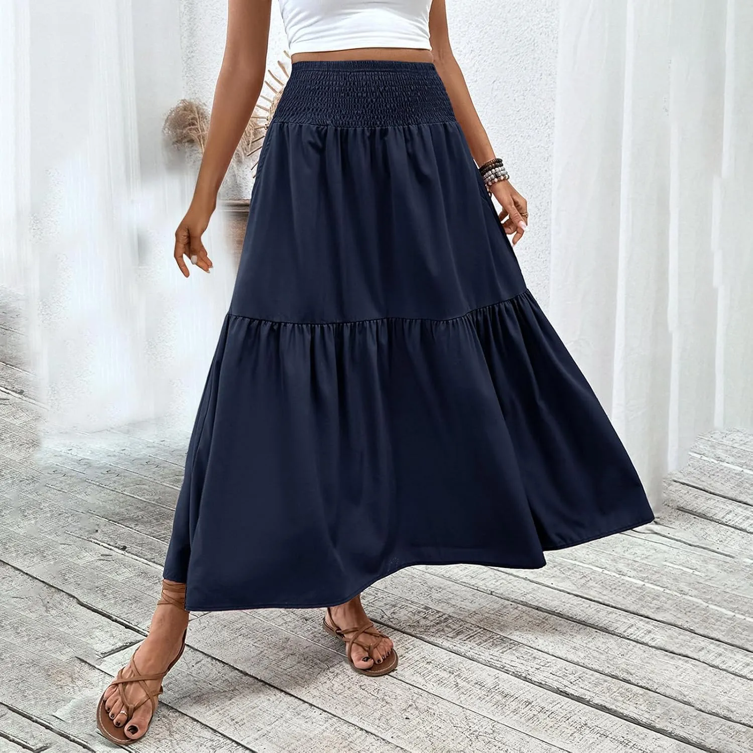 Long High Waisted Skirts for Women Summer Boho A Line Ruffle Tiered Flowy Long Maxi Dress Beach Vacation Outfits 2025