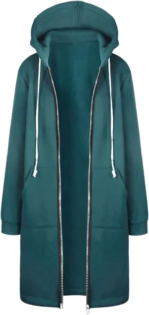 Long Hoodie for Women Zip Up Drawstring Fleece Warm Oversized Sweatshirt Jackets Fall Winter Open Front Cardigan Coat