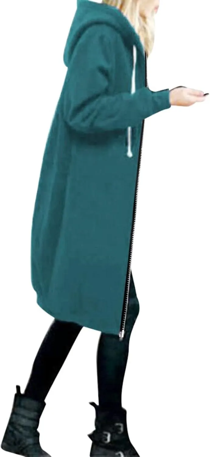 Long Hoodie for Women Zip Up Drawstring Fleece Warm Oversized Sweatshirt Jackets Fall Winter Open Front Cardigan Coat