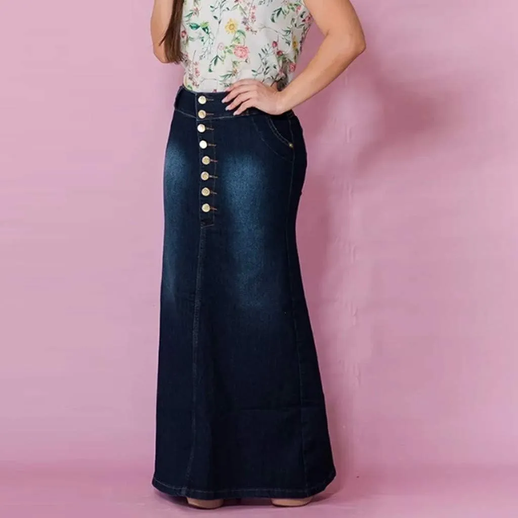 Long Jean Skirt Womens Front Button Denim A-Line Washed Jean Women's Casual Button Skirts Skirt Skirts for Women