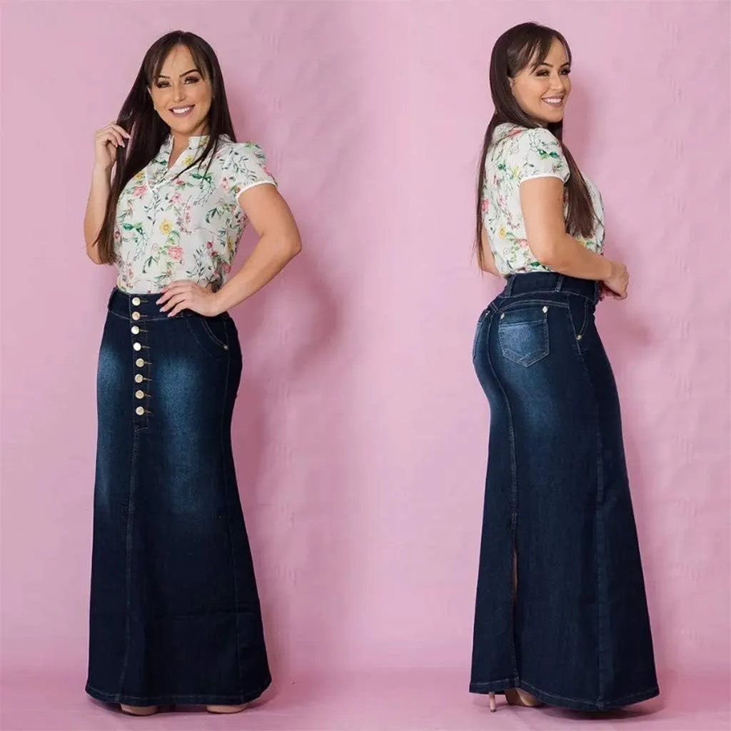 Long Jean Skirt Womens Front Button Denim A-Line Washed Jean Women's Casual Button Skirts Skirt Skirts for Women