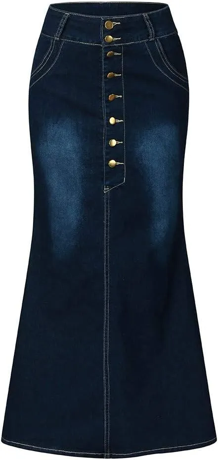 Long Jean Skirt Womens Front Button Denim A-Line Washed Jean Women's Casual Button Skirts Skirt Skirts for Women