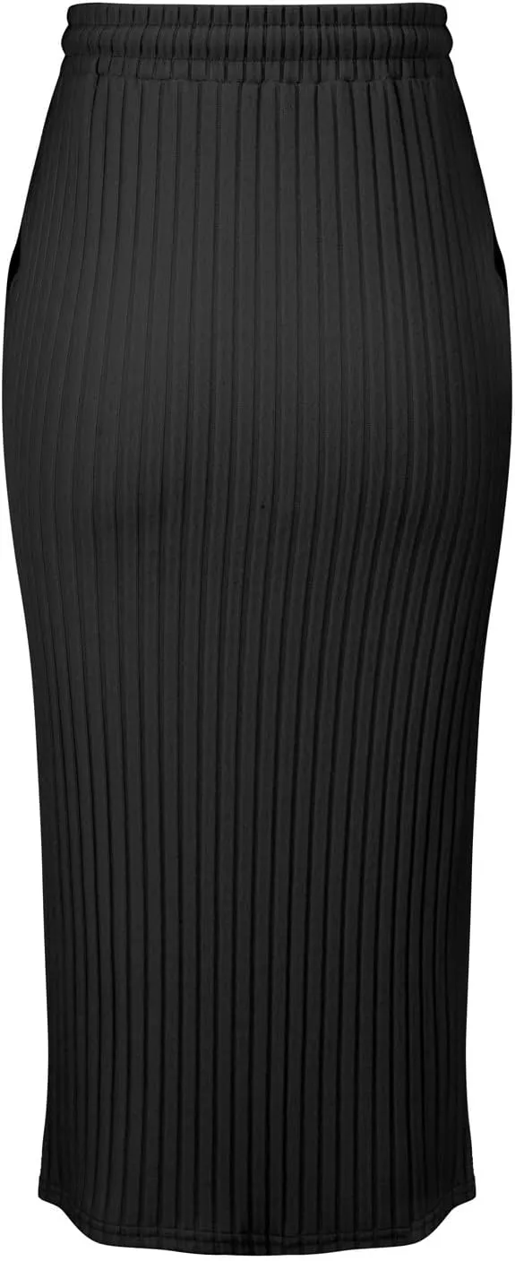 Long Skirts for Women 2025 Summer Trendy Maxi Skirt with Pockets Ribbed Knit Stretchy Soft Daily Outfits