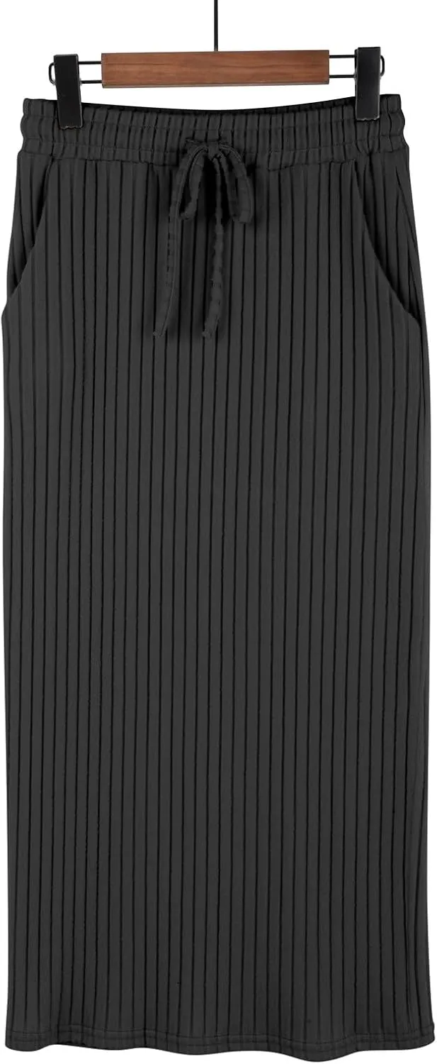 Long Skirts for Women 2025 Summer Trendy Maxi Skirt with Pockets Ribbed Knit Stretchy Soft Daily Outfits