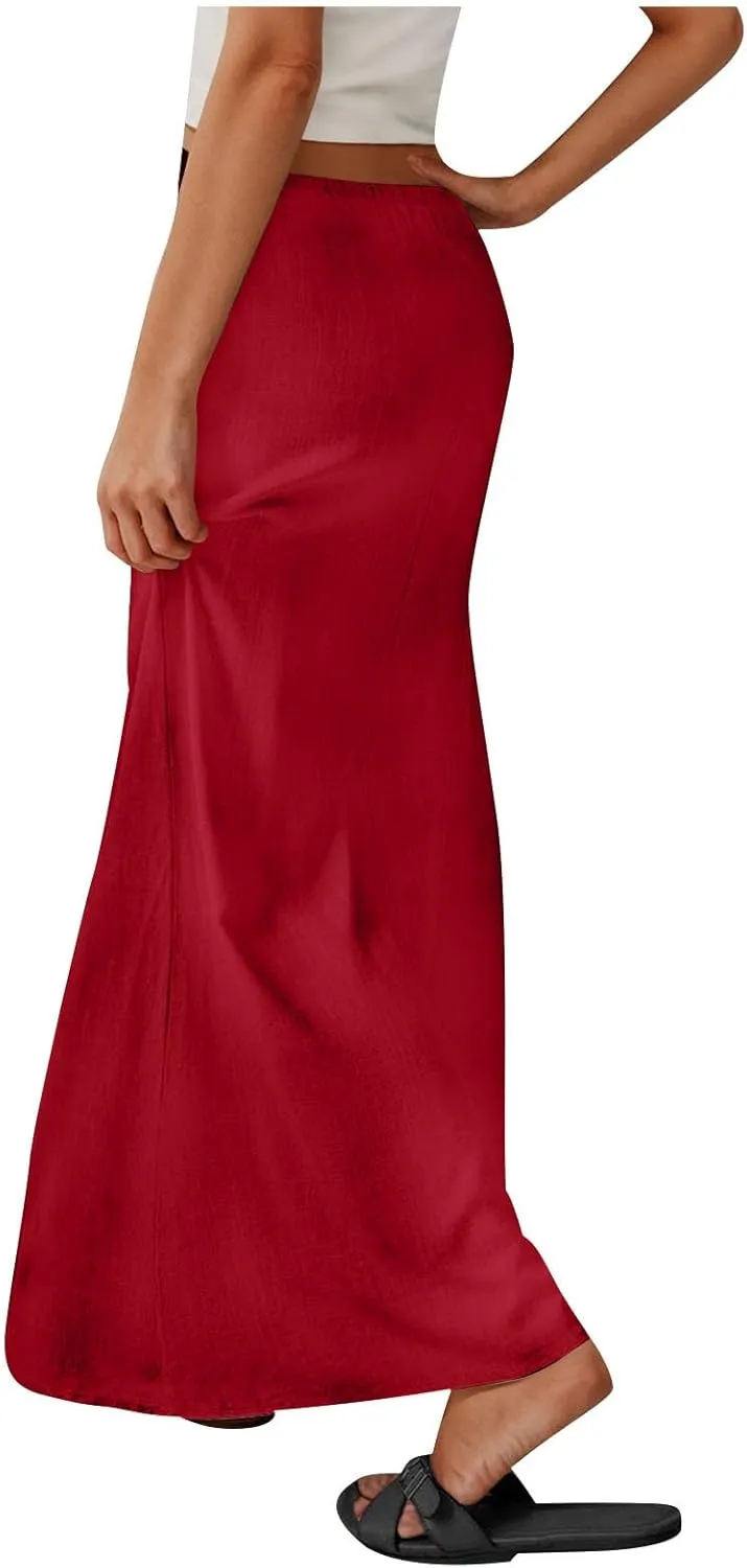 Long Skirts for Women Boho Vacation Flowy Maxi Skirt Lightweight Drawstring Low Rise Ankle Length Slim A Line Skirt