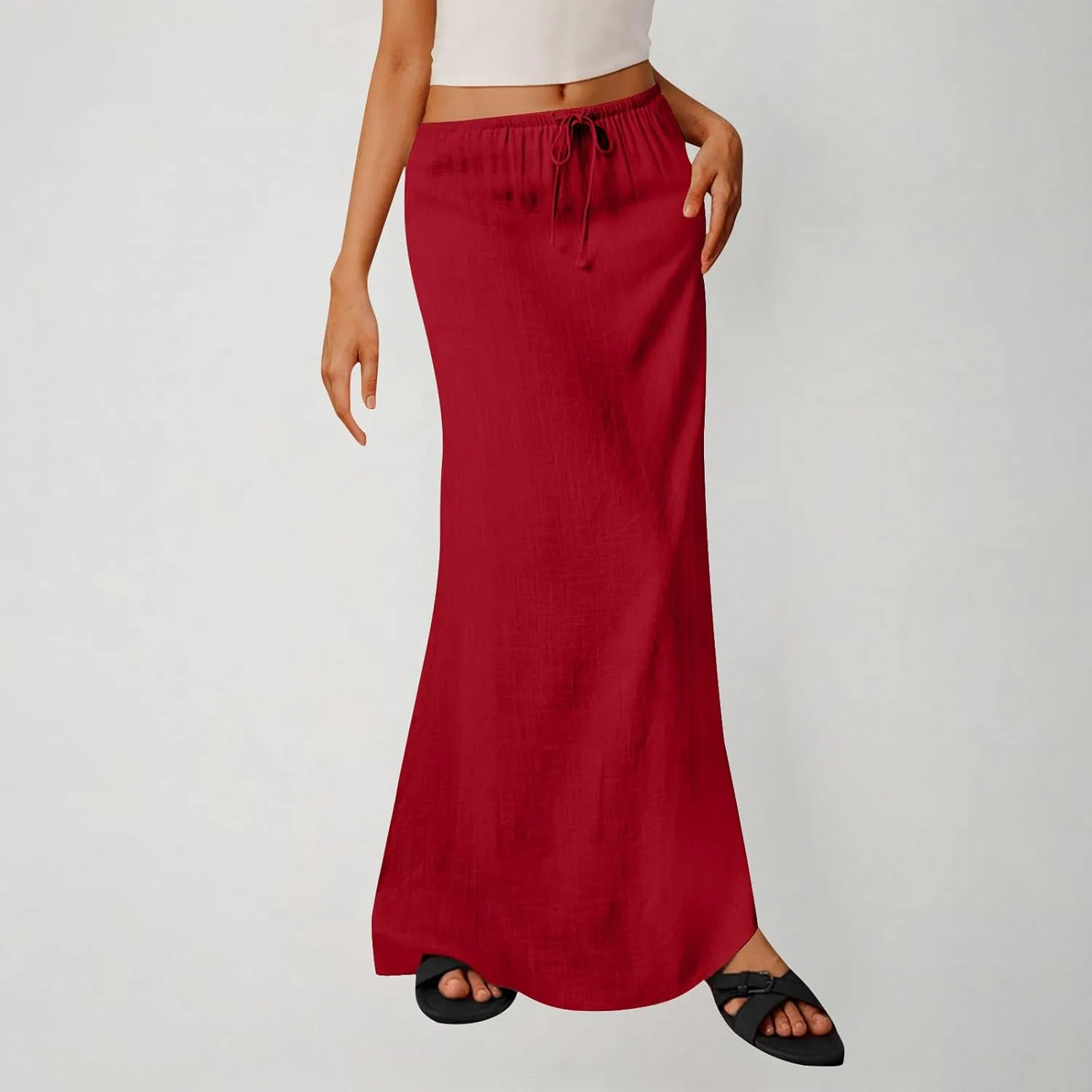 Long Skirts for Women Boho Vacation Flowy Maxi Skirt Lightweight Drawstring Low Rise Ankle Length Slim A Line Skirt