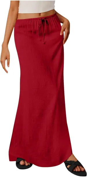 Long Skirts for Women Boho Vacation Flowy Maxi Skirt Lightweight Drawstring Low Rise Ankle Length Slim A Line Skirt