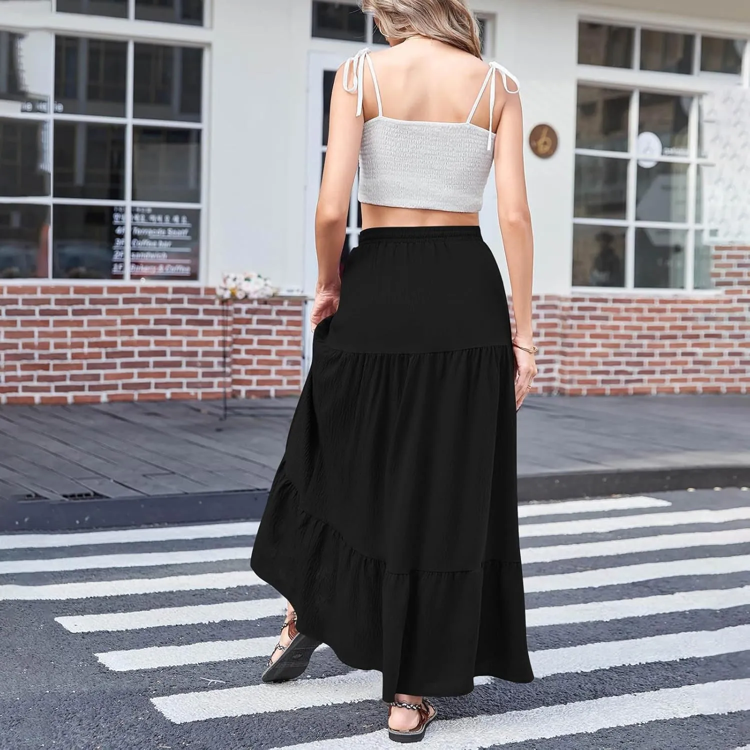 Long Skirts for Women Boho Vacation Split Tiered Puffle Swing A Line Chiffon Skirts Over-Knee Skirt
