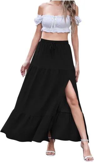 Long Skirts for Women Boho Vacation Split Tiered Puffle Swing A Line Chiffon Skirts Over-Knee Skirt