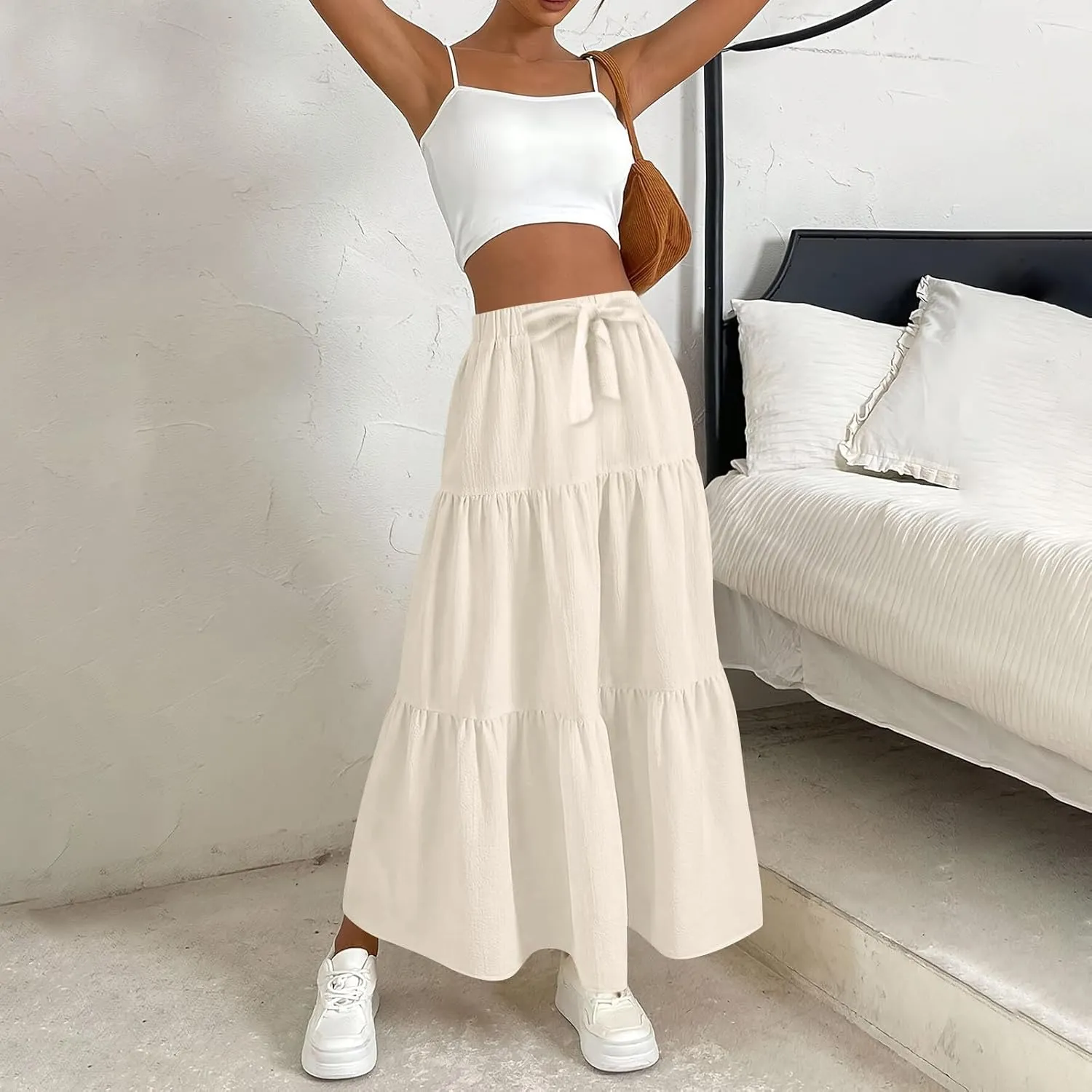 Long Skirts for Women Summer Maxi Skirt Drawstring Elastic High Waisted Layered Tiered A-Line Skirts Swing Skirt