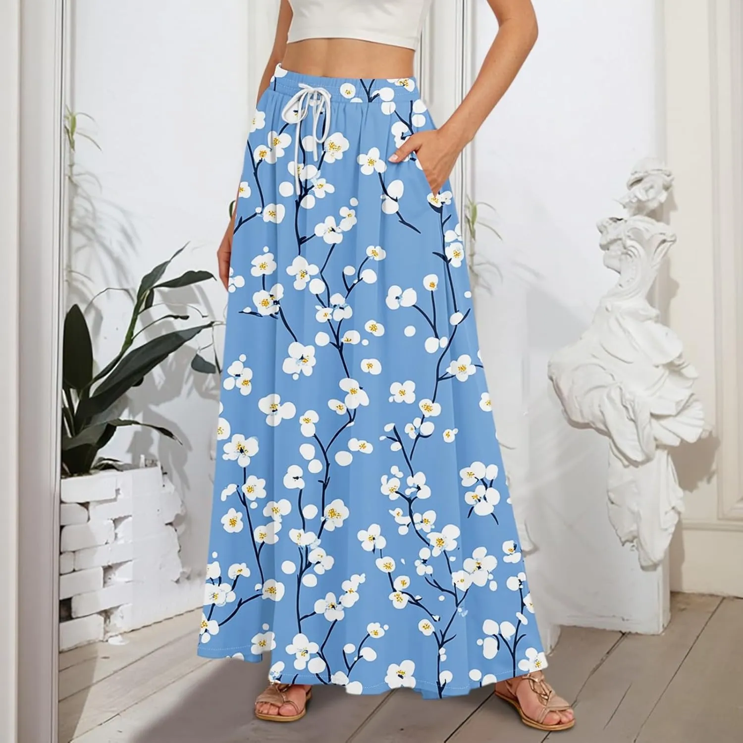 Long Skirts for Women Summer Maxi Skirt Drawstring High Waisted Ruffle A Line Skirt Flowy Beach Skirts with Pockets