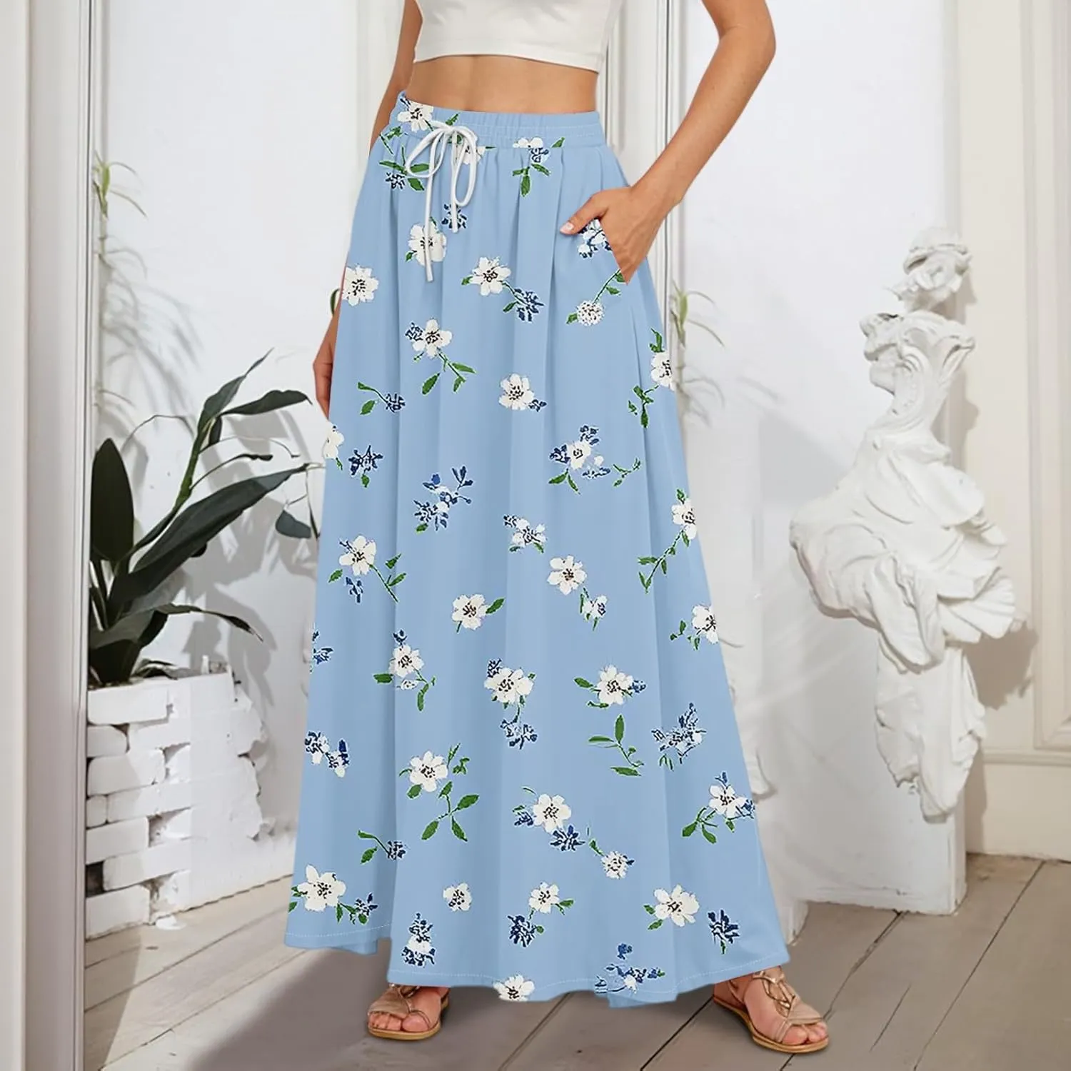 Long Skirts for Women Summer Maxi Skirt Drawstring High Waisted Ruffle A Line Skirt Flowy Beach Skirts with Pockets