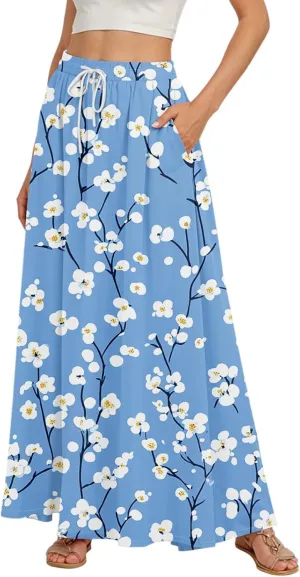 Long Skirts for Women Summer Maxi Skirt Drawstring High Waisted Ruffle A Line Skirt Flowy Beach Skirts with Pockets