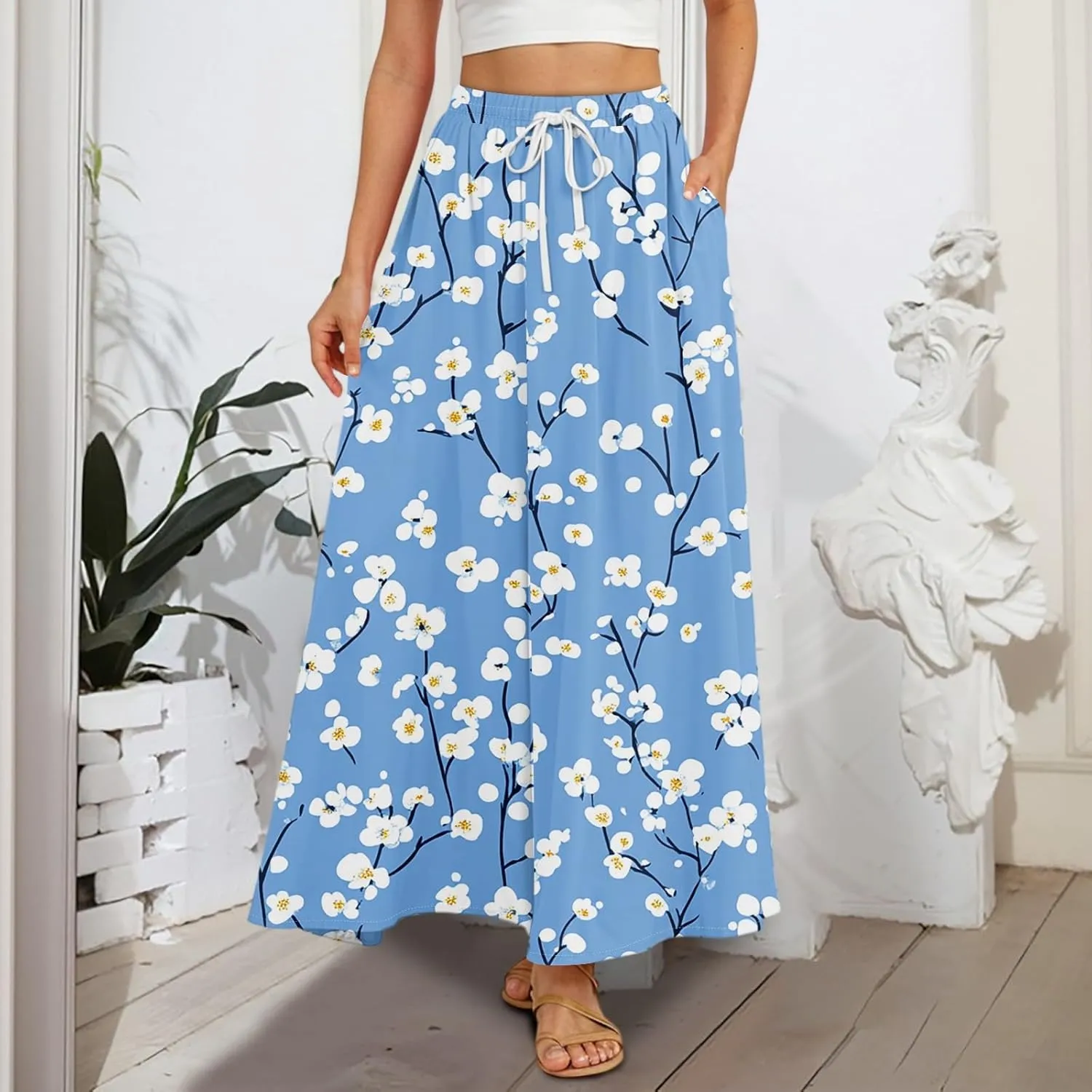 Long Skirts for Women Summer Maxi Skirt Drawstring High Waisted Ruffle A Line Skirt Flowy Beach Skirts with Pockets