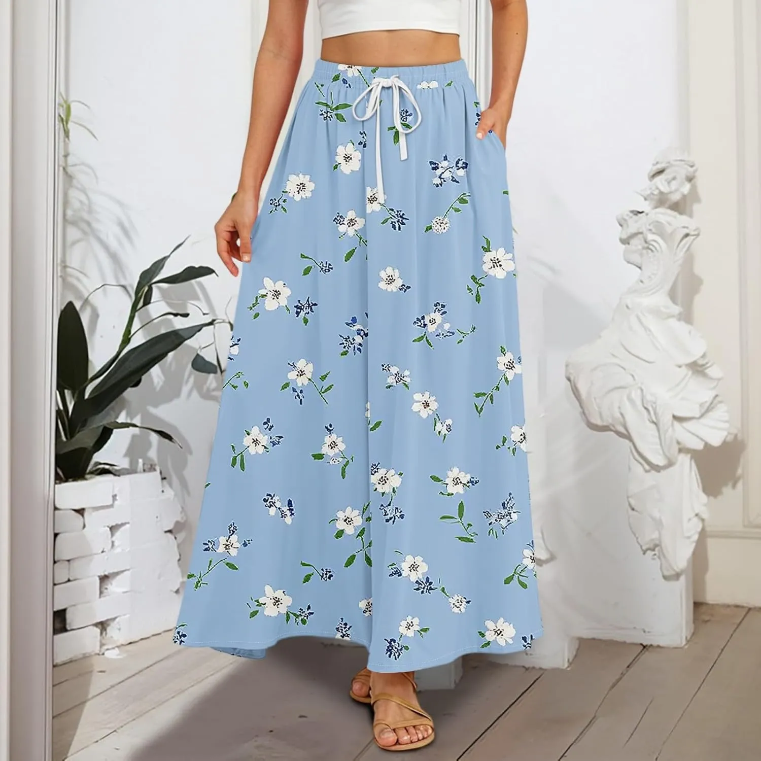 Long Skirts for Women Summer Maxi Skirt Drawstring High Waisted Ruffle A Line Skirt Flowy Beach Skirts with Pockets