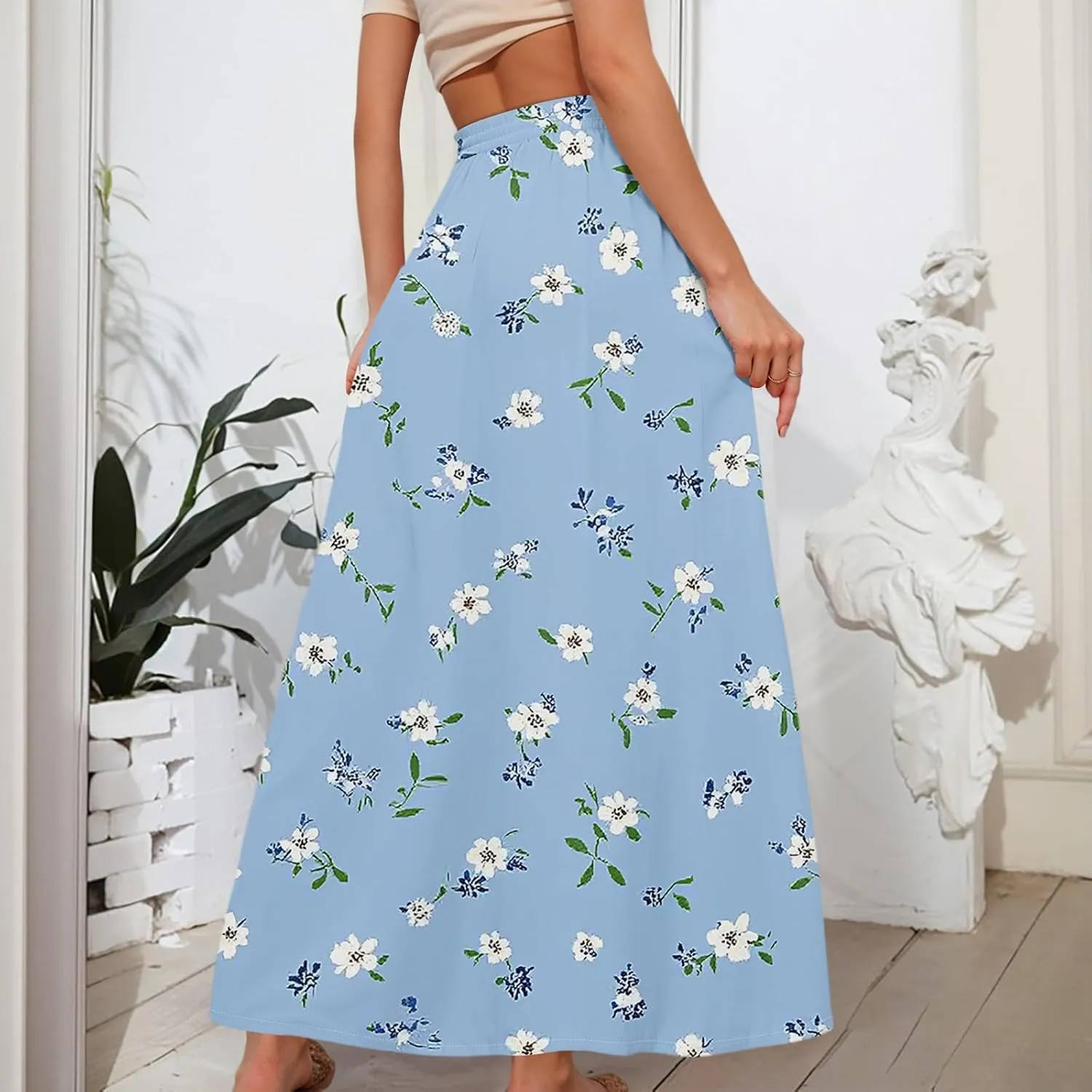 Long Skirts for Women Summer Maxi Skirt Drawstring High Waisted Ruffle A Line Skirt Flowy Beach Skirts with Pockets