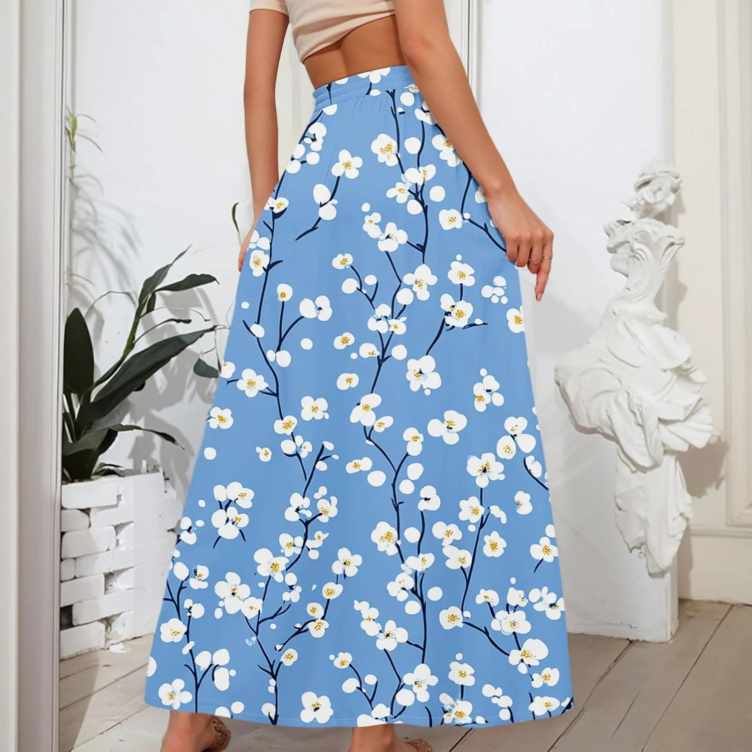 Long Skirts for Women Summer Maxi Skirt Drawstring High Waisted Ruffle A Line Skirt Flowy Beach Skirts with Pockets