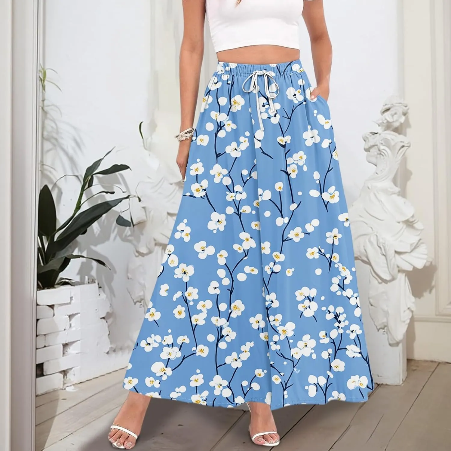 Long Skirts for Women Summer Maxi Skirt Drawstring High Waisted Ruffle A Line Skirt Flowy Beach Skirts with Pockets