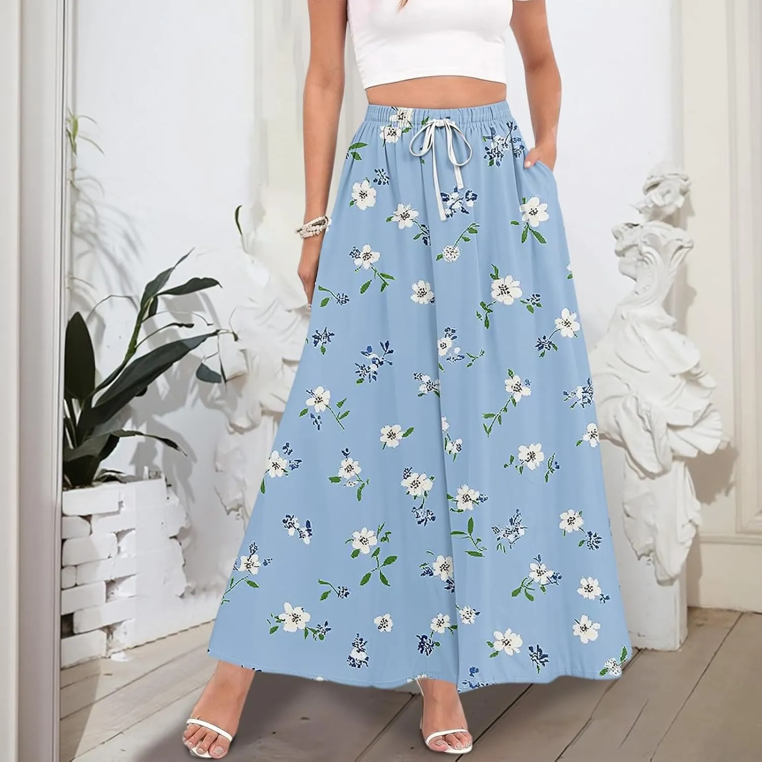 Long Skirts for Women Summer Maxi Skirt Drawstring High Waisted Ruffle A Line Skirt Flowy Beach Skirts with Pockets