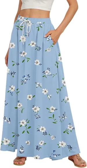 Long Skirts for Women Summer Maxi Skirt Drawstring High Waisted Ruffle A Line Skirt Flowy Beach Skirts with Pockets