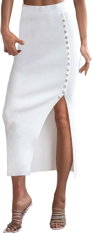 Long Skirts for Women Trendy with Split Button High Elastic Waist Slim Stretchy Workout Pencil Skirts for Ladies