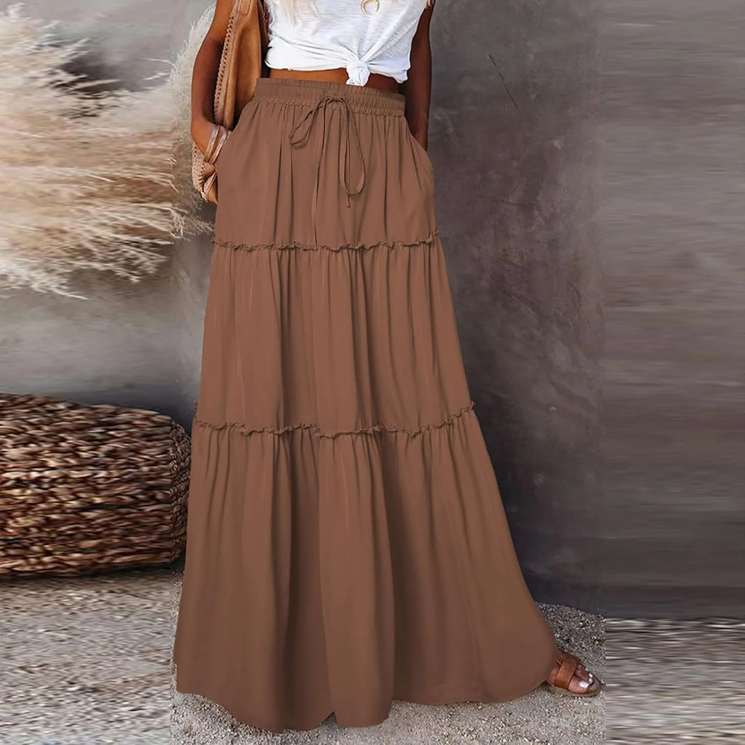 Long Skirts for Women Trendy Womens Boho Maxi Skirt Elastic High Waist Pleated Ruffle Flowy Long Skirts White Skirt S-XL