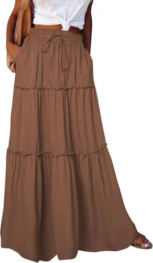 Long Skirts for Women Trendy Womens Boho Maxi Skirt Elastic High Waist Pleated Ruffle Flowy Long Skirts White Skirt S-XL