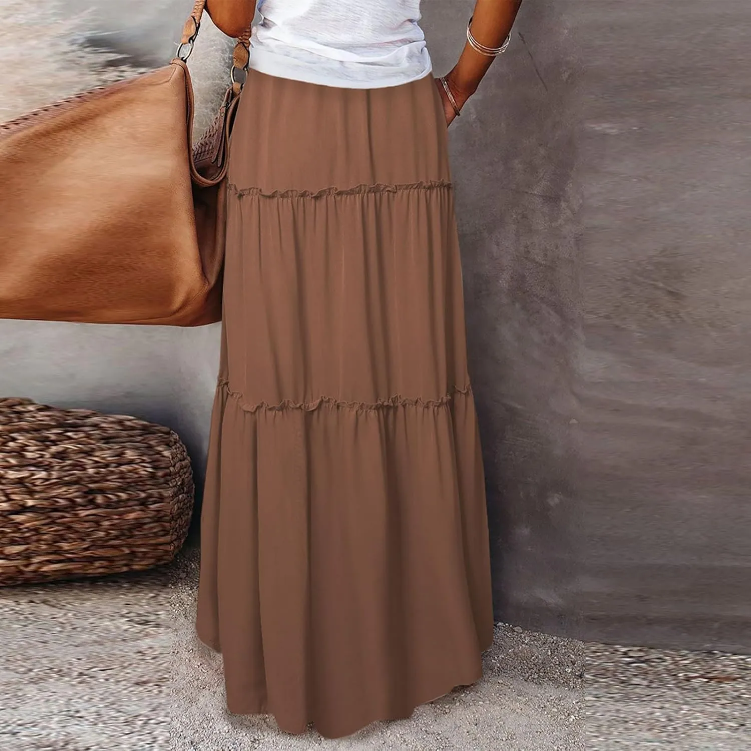 Long Skirts for Women Trendy Womens Boho Maxi Skirt Elastic High Waist Pleated Ruffle Flowy Long Skirts White Skirt S-XL