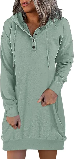 Long Sleeve Hoodies Dress Button Hooded Winter Dresses with Pockets 2024 Fall Trendy Hoodie Sweatshirts Dress