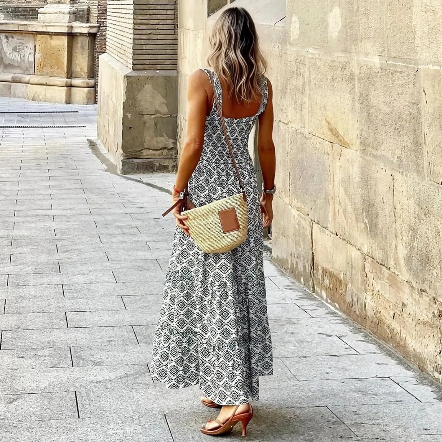 Long Sundresses for Women 2025 Spaghetti Strap Graffiti Dresses Graphic A Line Swing Long Cami Dress