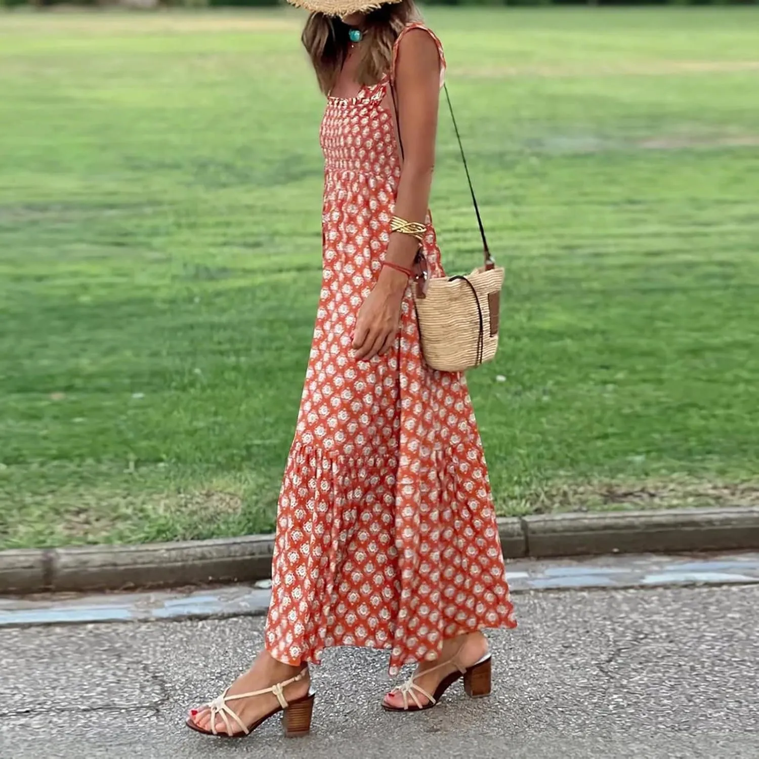 Long Sundresses for Women 2025 Spaghetti Strap Graffiti Dresses Graphic A Line Swing Long Cami Dress