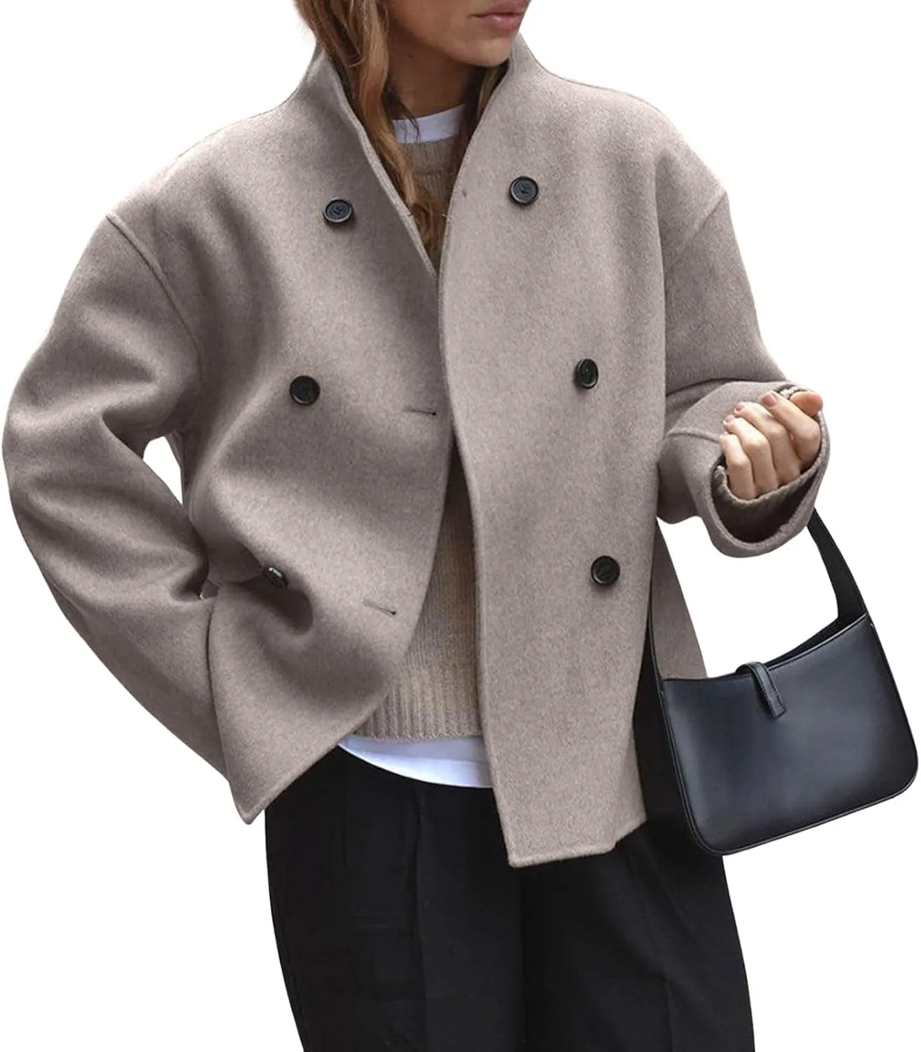 loveimgs Women Warm Double Breasted Wool Blend Peacoat Winter Button Down Woolen Jacket Crop Trench Coat Overcoat
