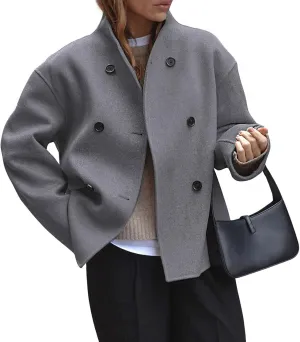 loveimgs Women Warm Double Breasted Wool Blend Peacoat Winter Button Down Woolen Jacket Crop Trench Coat Overcoat