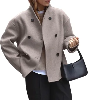 loveimgs Women Warm Double Breasted Wool Blend Peacoat Winter Button Down Woolen Jacket Crop Trench Coat Overcoat