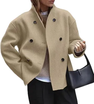 loveimgs Women Warm Double Breasted Wool Blend Peacoat Winter Button Down Woolen Jacket Crop Trench Coat Overcoat