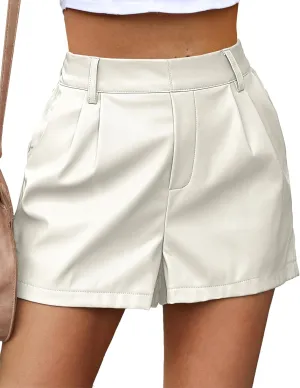 luvamia Faux Leather Shorts for Women High Waisted Pleated Wide Leg Stretchy Shorts with Pockets PU Leather Pants