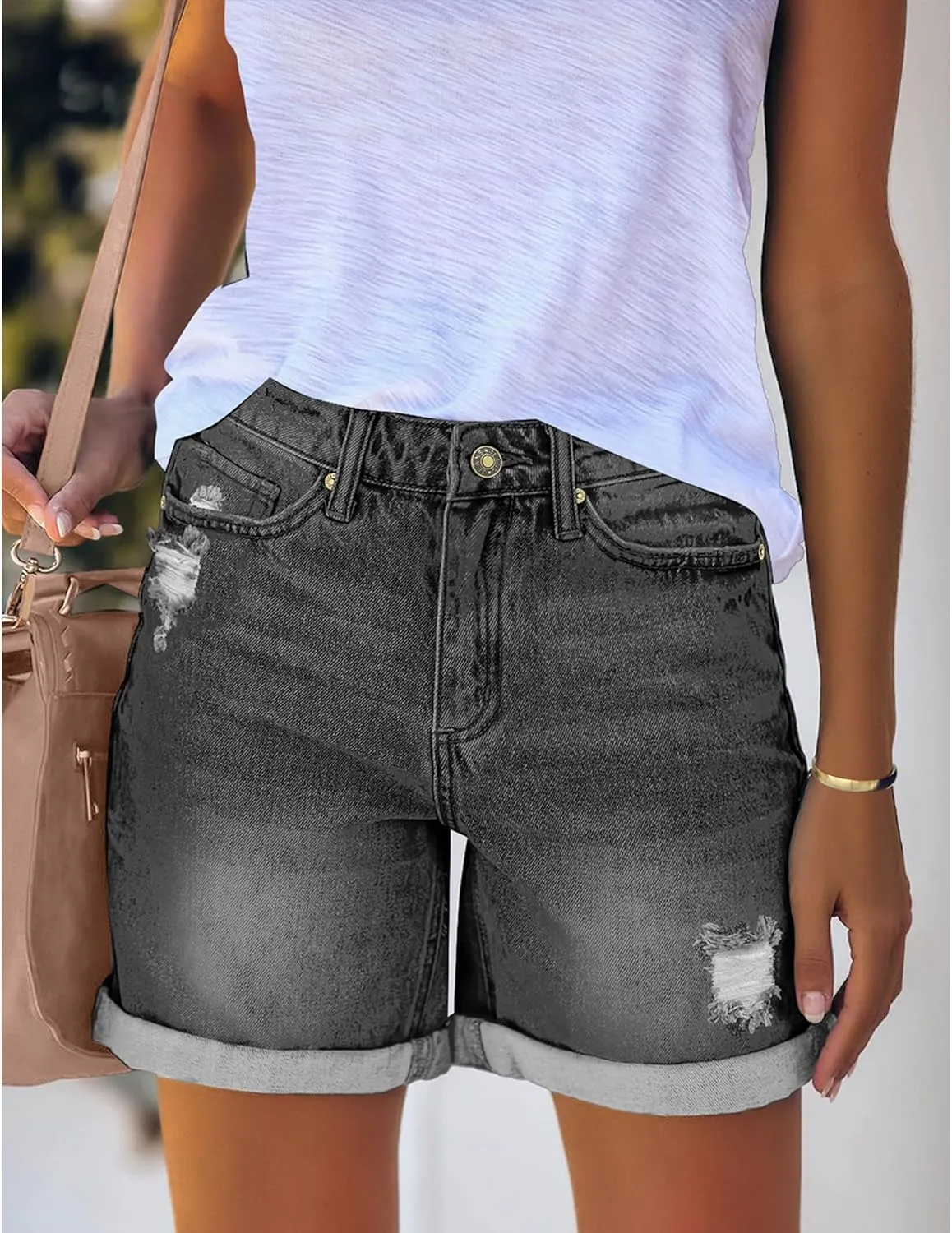luvamia Women's Casual Ripped Denim Shorts High Rise Distressed Rolled Hem Jeans Shorts