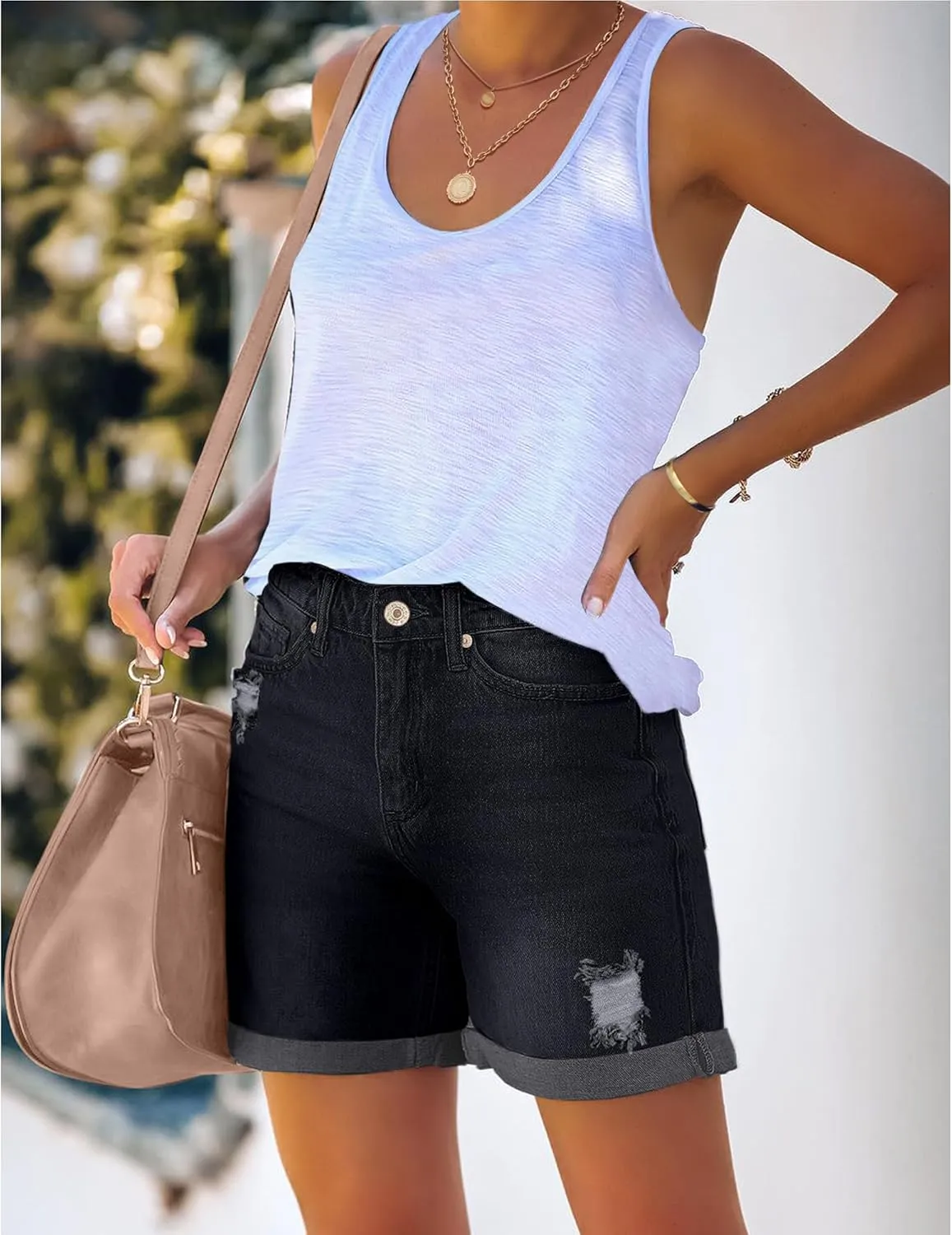 luvamia Women's Casual Ripped Denim Shorts High Rise Distressed Rolled Hem Jeans Shorts