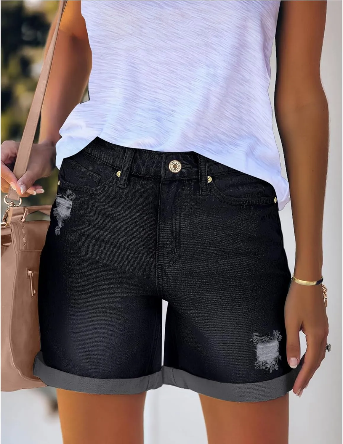 luvamia Women's Casual Ripped Denim Shorts High Rise Distressed Rolled Hem Jeans Shorts
