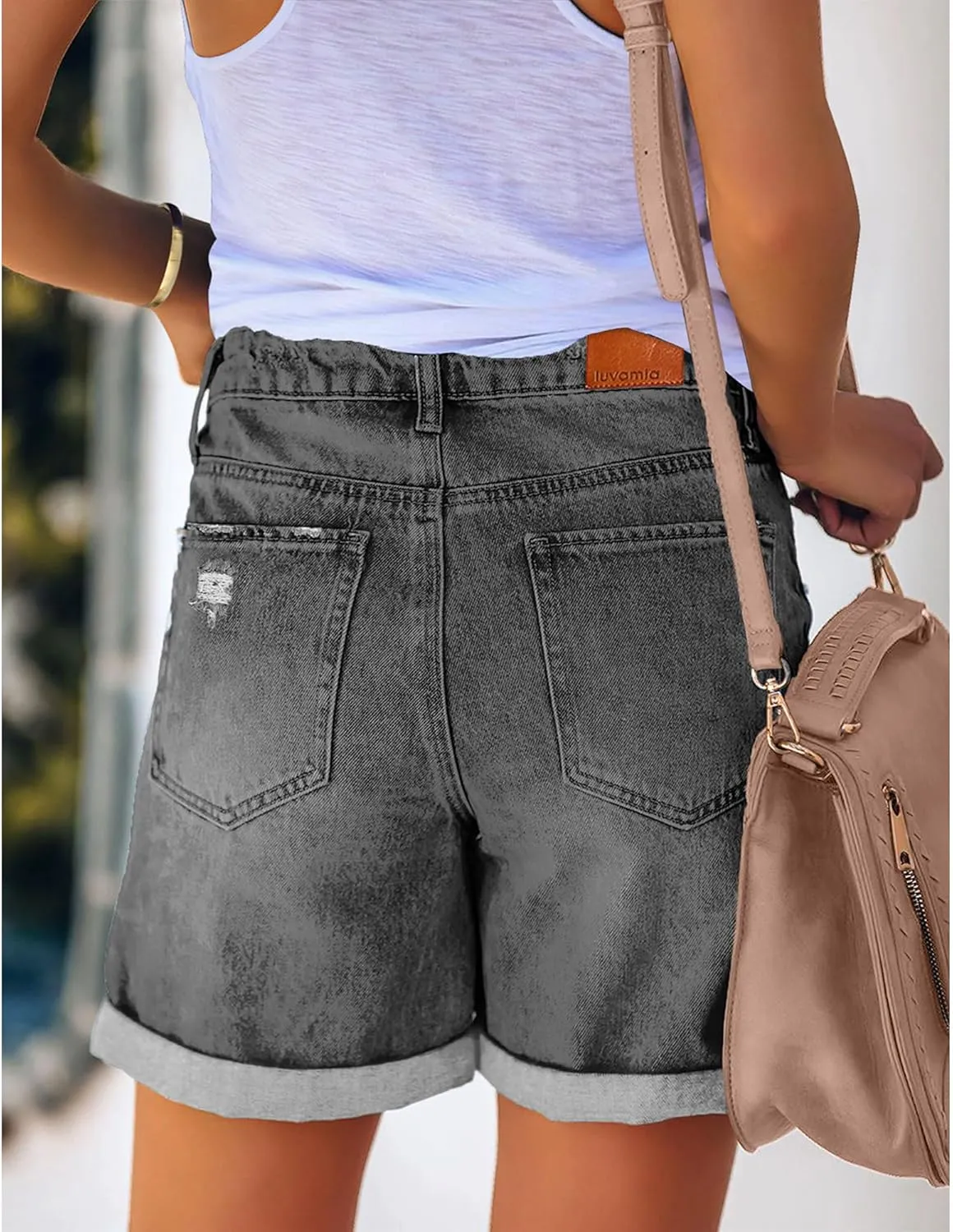 luvamia Women's Casual Ripped Denim Shorts High Rise Distressed Rolled Hem Jeans Shorts