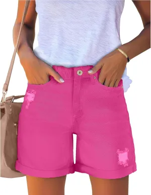 luvamia Women's Casual Ripped Denim Shorts High Rise Distressed Rolled Hem Jeans Shorts