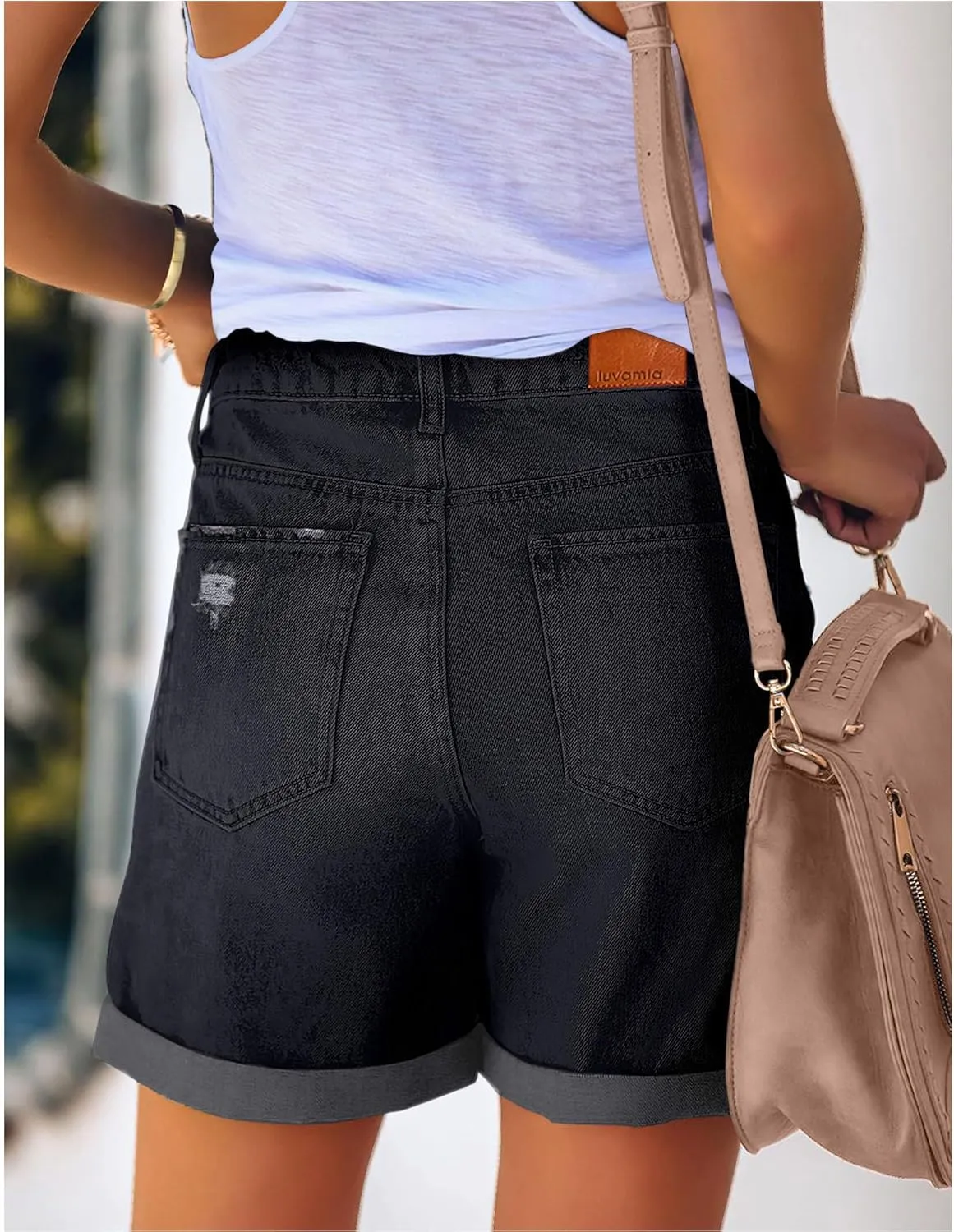 luvamia Women's Casual Ripped Denim Shorts High Rise Distressed Rolled Hem Jeans Shorts