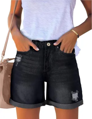 luvamia Women's Casual Ripped Denim Shorts High Rise Distressed Rolled Hem Jeans Shorts