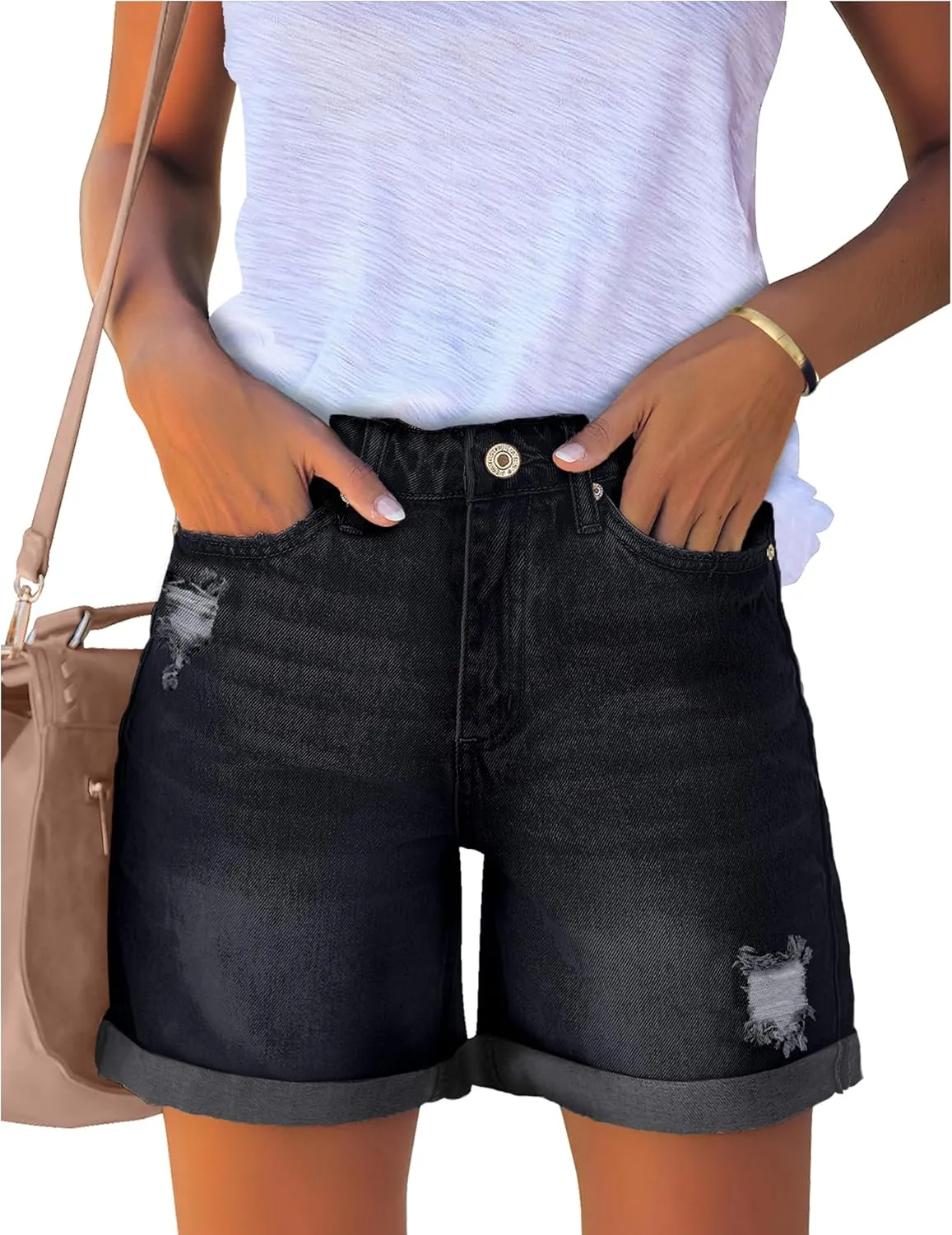 luvamia Women's Casual Ripped Denim Shorts High Rise Distressed Rolled Hem Jeans Shorts