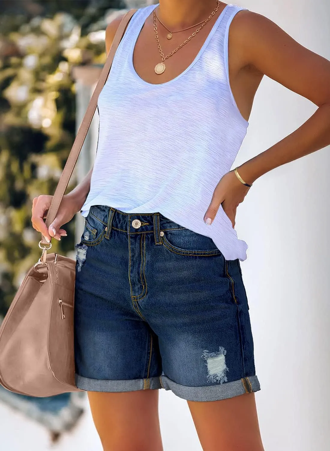 luvamia Women's Casual Ripped Denim Shorts High Rise Distressed Rolled Hem Jeans Shorts