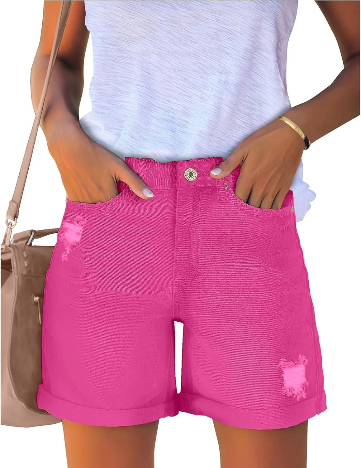 luvamia Women's Casual Ripped Denim Shorts High Rise Distressed Rolled Hem Jeans Shorts