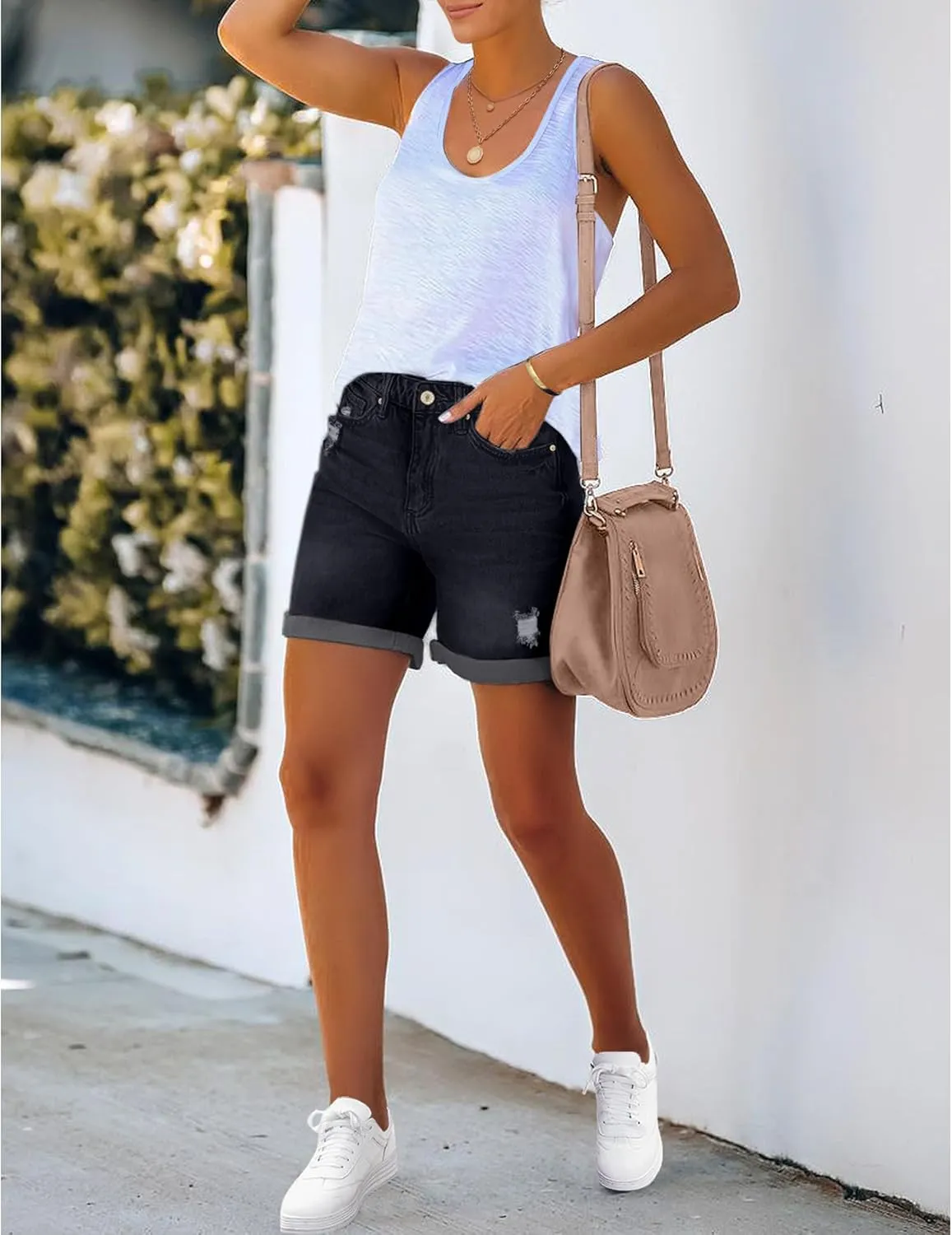 luvamia Women's Casual Ripped Denim Shorts High Rise Distressed Rolled Hem Jeans Shorts