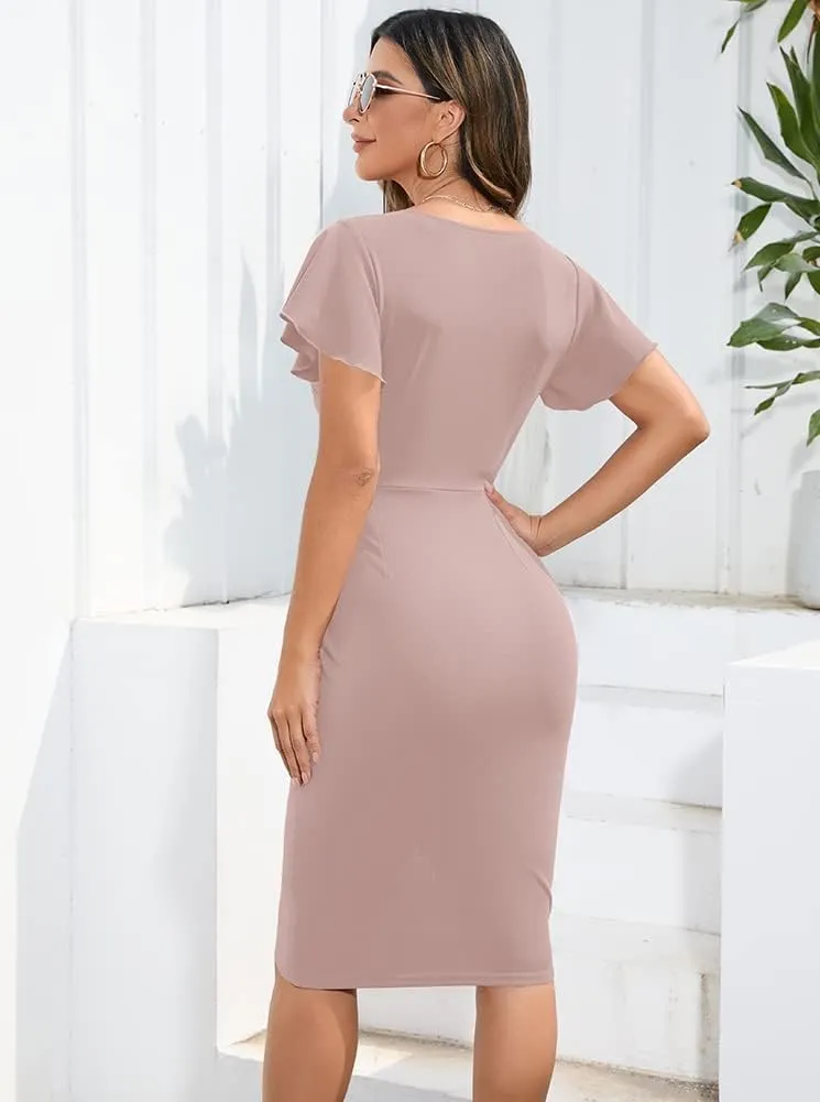 Machico 2025 Women's Sexy V Neck Ruffle Sleeve Faux Wrap Ruched Bodycon Sheath Cocktail Party Work Dress