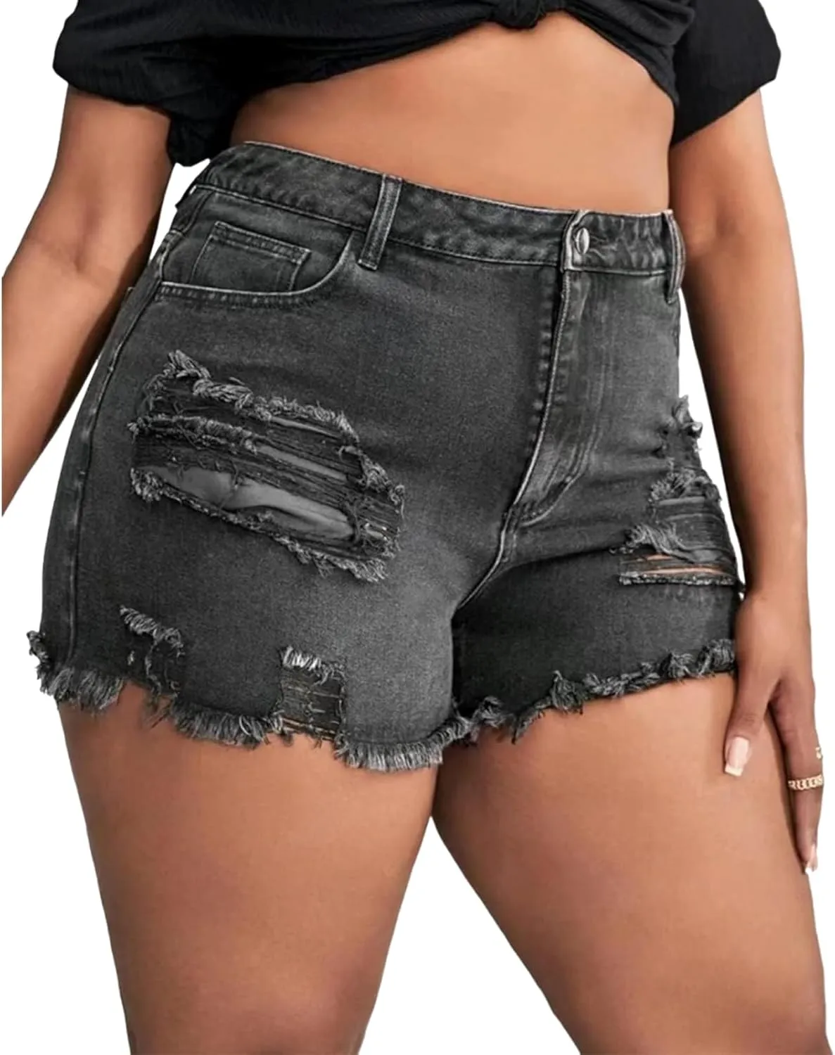 MapleHub Plus Size Women's Ripped Denim Jean Shorts High Waisted Stretchy Folded Hem Short Jeans
